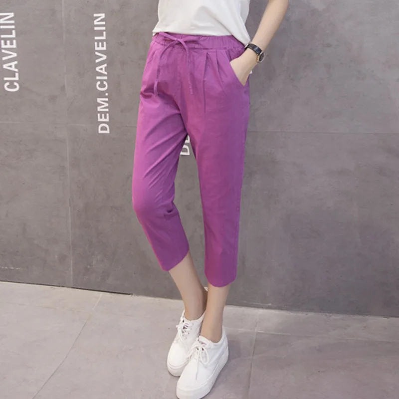Новая мода Женские повседневные шаровары капри размера плюс 3XL женские летние свободные хлопковые льняные брюки с эластичным поясом - Цвет: Purple