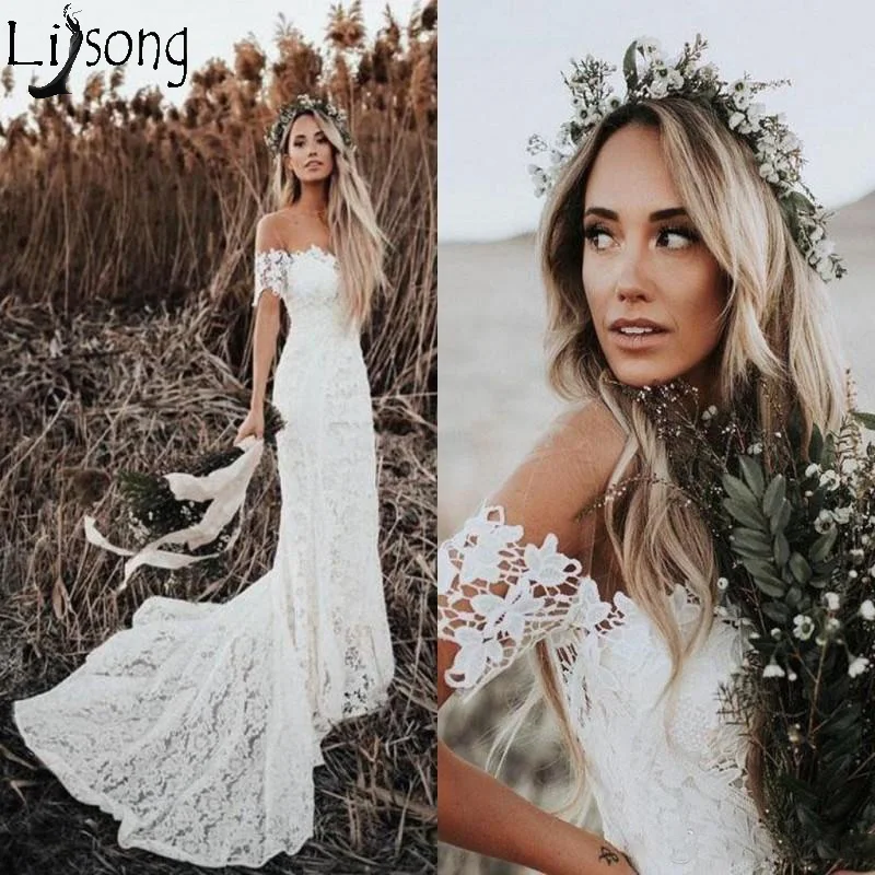 Elegant Boho Beach Lace Mermaid Wedding Dresses 2019 Off The Shoulder Short Sleeves Bridal Dress Wedding Gowns Sweep Train 139