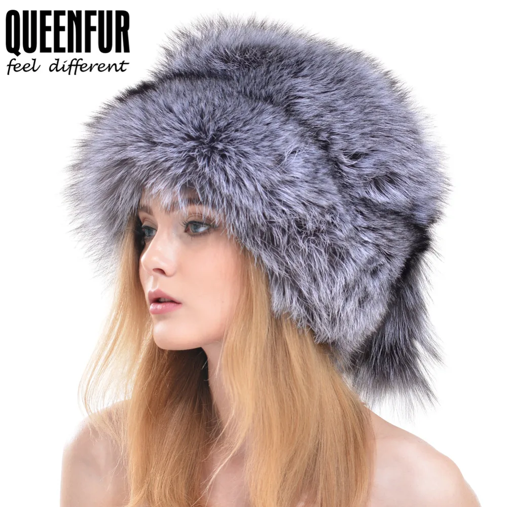 QUEENFUR Women Beanies Whole Knitted Fox Fur Hat With Tail 2017 Fashion