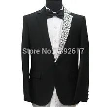 Мужской смокинг костюм черный роскошный с одной стороны горный хрусталь Украшение воротника, куртка