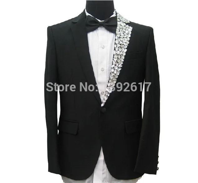 Free ship mens tuxedo suit black luxury single side rhinestone collar