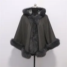 Новая мода Благородный лисий мех пальто кашемировое пончо Лисий мех шаль со срезанной кромкой женские Верхняя одежда для вечеринки съемный капюшон