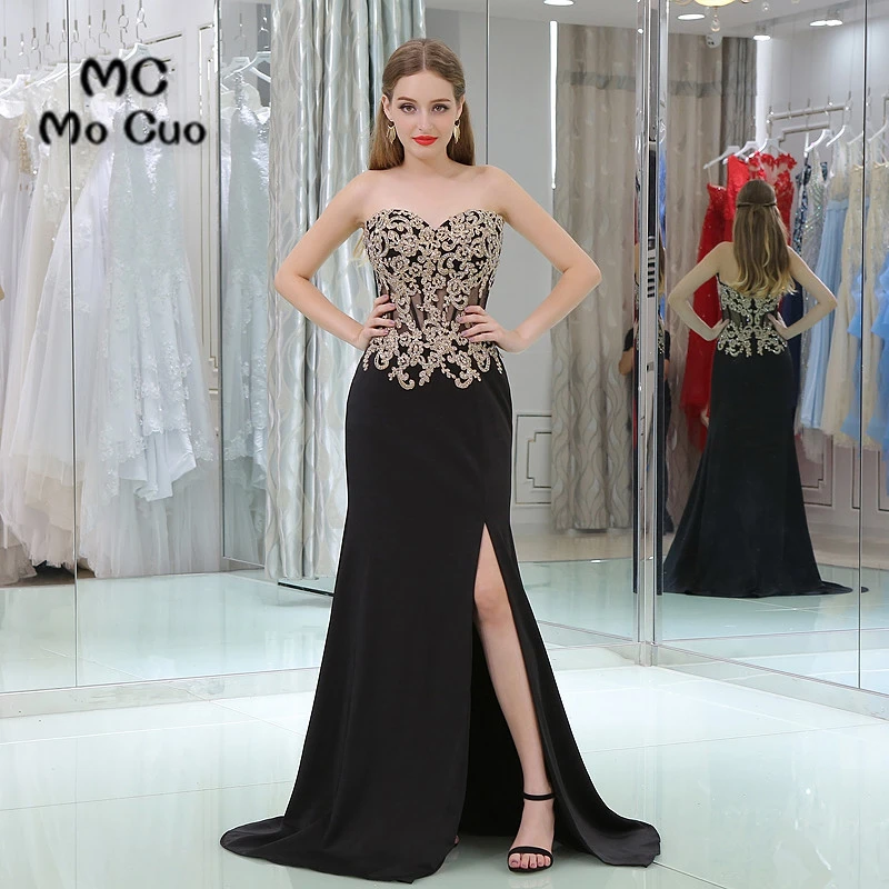 Elegante 2019 vestidos de graduación de sirena vestidos largos apliques con cuentas vestidos de graduación largos vestido de fiesta de noche hendidura frontal hecho a medida|prom dresses prommermaid prom dress -