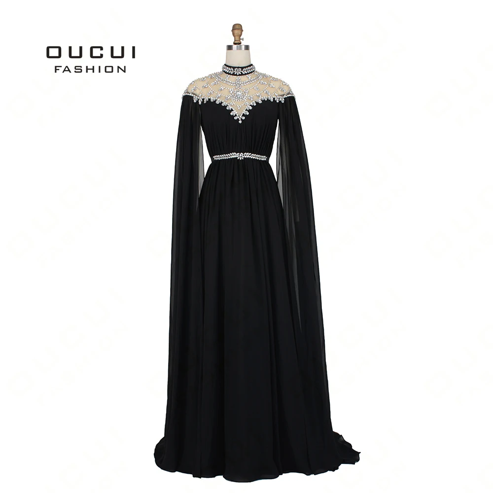 Kaftan Abiye Black 2019 Evening Dresses Long Sleeves Cap Beading Crystal Chiffon Formal Dress Women Elegant Vestido OL103163