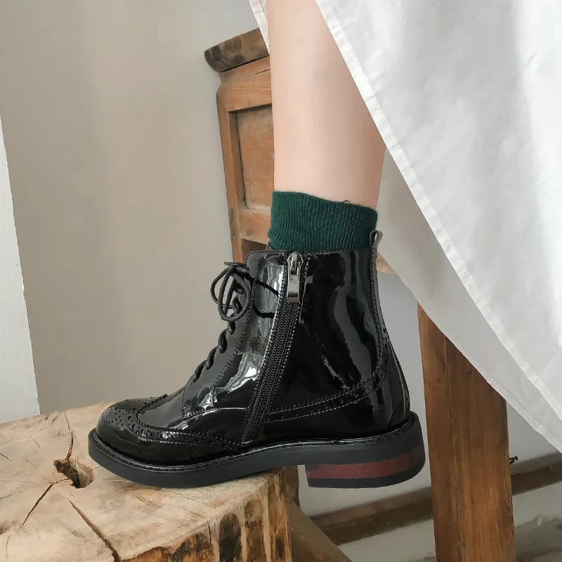 Кожаные броги в британском ретро-стиле; оксфорды; женские зимние ботинки; женская обувь на шнуровке и молнии; повседневная женская обувь ручной работы с круглым носком