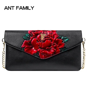 

Women Genuine Leather Clutch Fashion Ladies Party Bag Chain Shoulder Bags For Woman Luxury Flower Messenger Bag Real Leather Bag