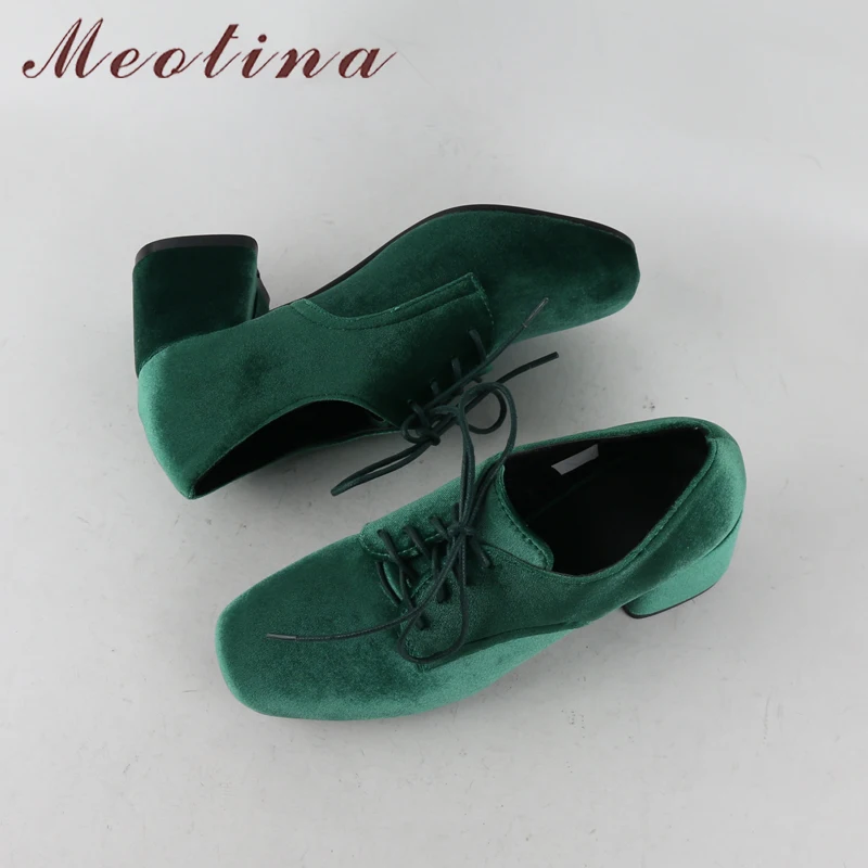 Meotina/женские туфли-лодочки; бархатные туфли на высоком каблуке; женские туфли-лодочки на шнуровке с квадратным носком; Весенняя фиолетовая обувь; цвет зеленый; Chaussure Femme