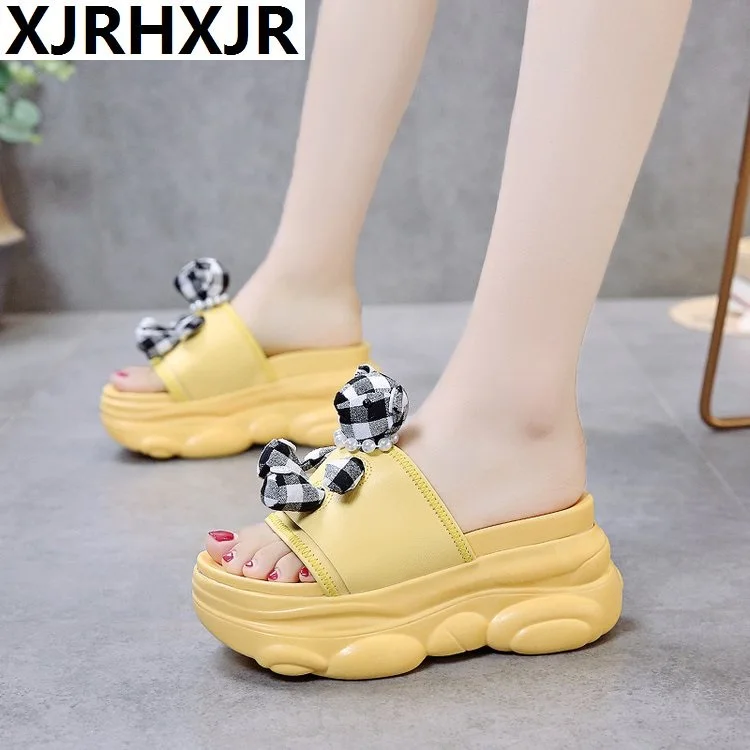 

Summer New Thick-soled Muffin Bottom Cartoon Pure Color Anti-slip Soft Sole Pu Leather 8cm High Heel Wedge Slippers Women's Shoe