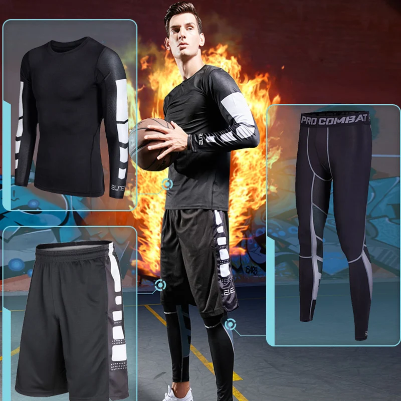 

BINTUOSHI Men gym Fitness clothing sportswear male gym running sets basketball jerseys training suit compression kits