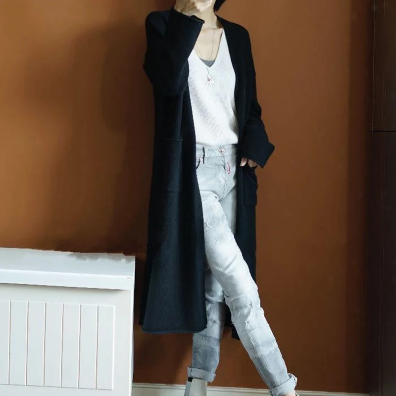 

New Autumn Winter Coat Sweater Women's Female Cardigan Long Section V-neck Long-sleeved Loose Coat Jacke