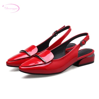 

Chainingyee sexy nightclub style pointed toe summer sandals metal decoration buckle black red yellow green low heel women shoes