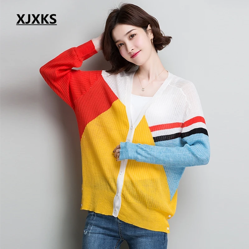 

XJXKS Sunscreen Cardigans Women Spring 2019 Ice Silk Thin Air Conditioner Shirt Summer Knit Outerwear Colorful Shawl Sweater