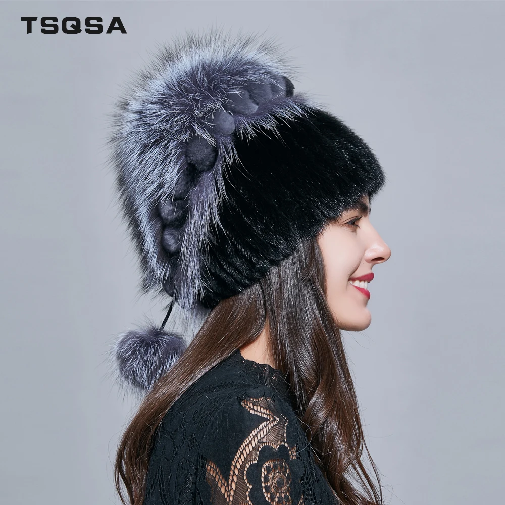 TSQSA gorro de piel de zorro Real cálido de invierno gorros de piel de visón Natural para mujer TAH1806 - 4