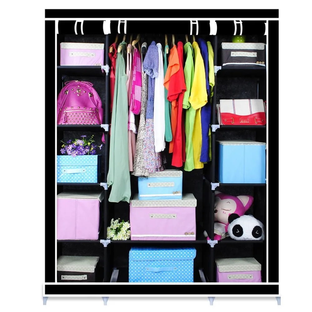 

Three Doors Foldable Multiple Canvas Wardrobe Hanging Rail Home Closet Simple DIY Folding Coat Dress Clothes Storage Cabinet