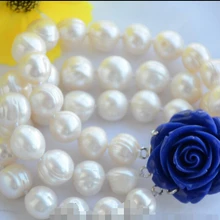 3 пряди 12 мм почти круглый белый резьбе браслет пресноводного жемчуга 8 дюймов Благородный стиль Природный тонкой jewe Быстрая
