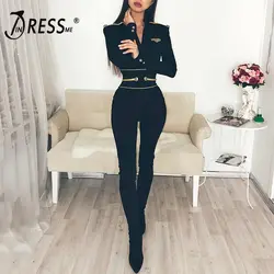 INDRESSME Sexy Глубокий V с длинным рукавом Для женщин утягивающий комбинезон, значок погон женские боди мода полный Облегающий комбинезон