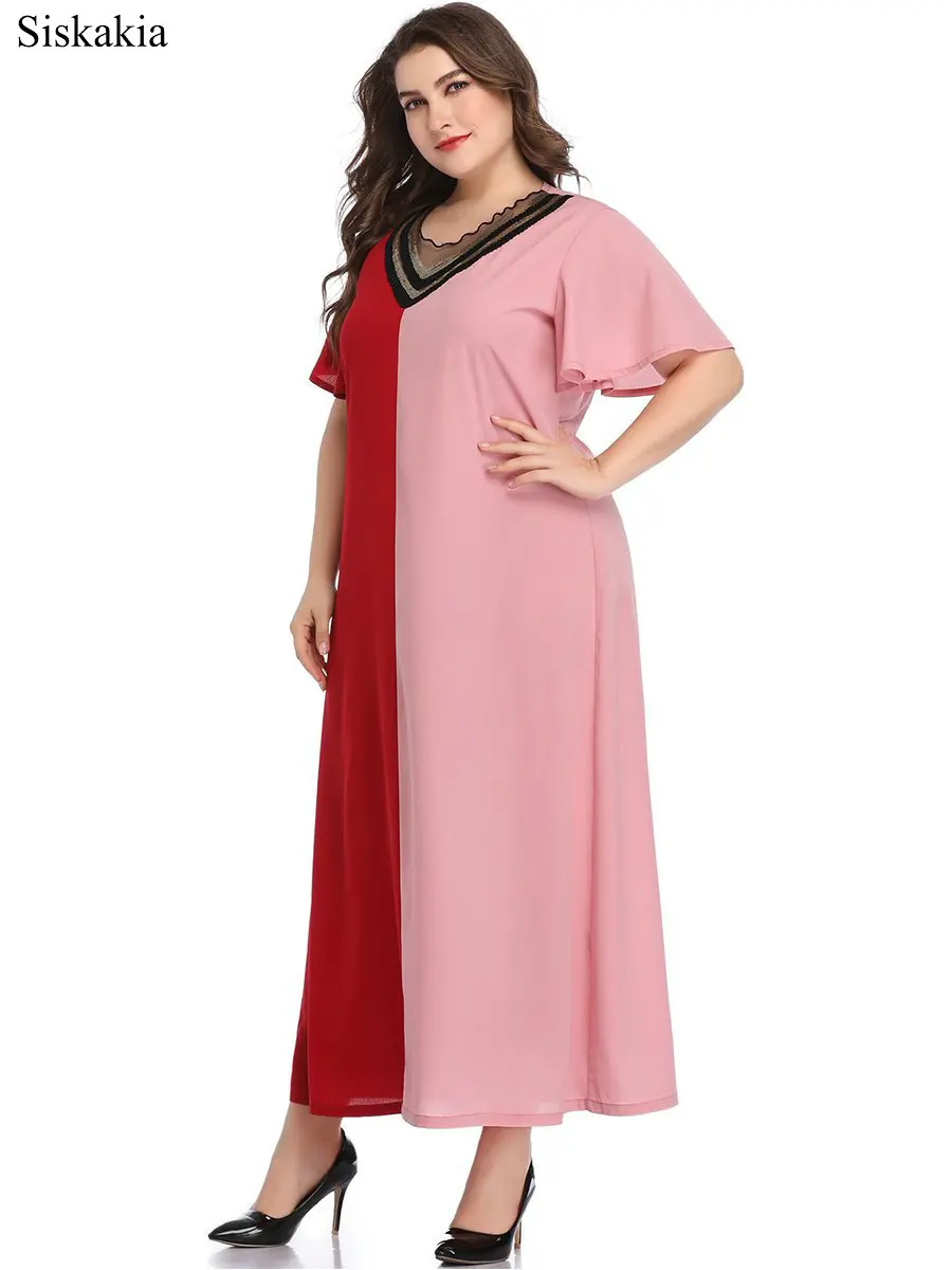 Siskakia Vintage Contrast Color Patchwork Dress For Women Mesh V Neck Flare Sleeve Red Ladies Dresses Plus Size Casual Clothing (5)
