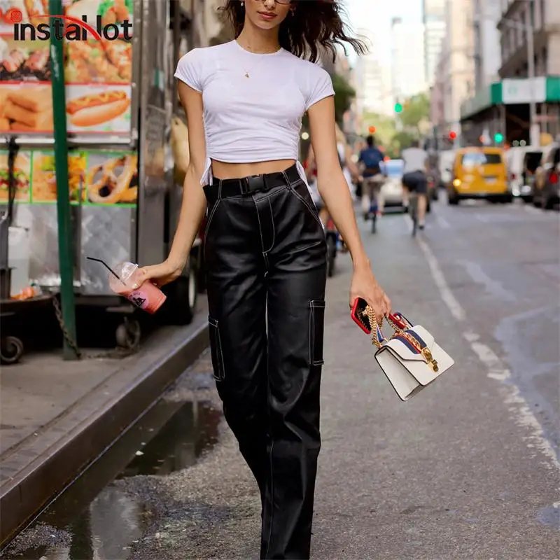 InstaHot Loose Wide Leg Pants Faux Leather PU Black High Waist Straight Pants Women Pockets Autumn Streetwear Casual Trousers InstaHot Loose Wide Leg Pants Faux Leather PU Black High Waist Straight Pants Women Pockets Autumn Streetwear Casual Trousers