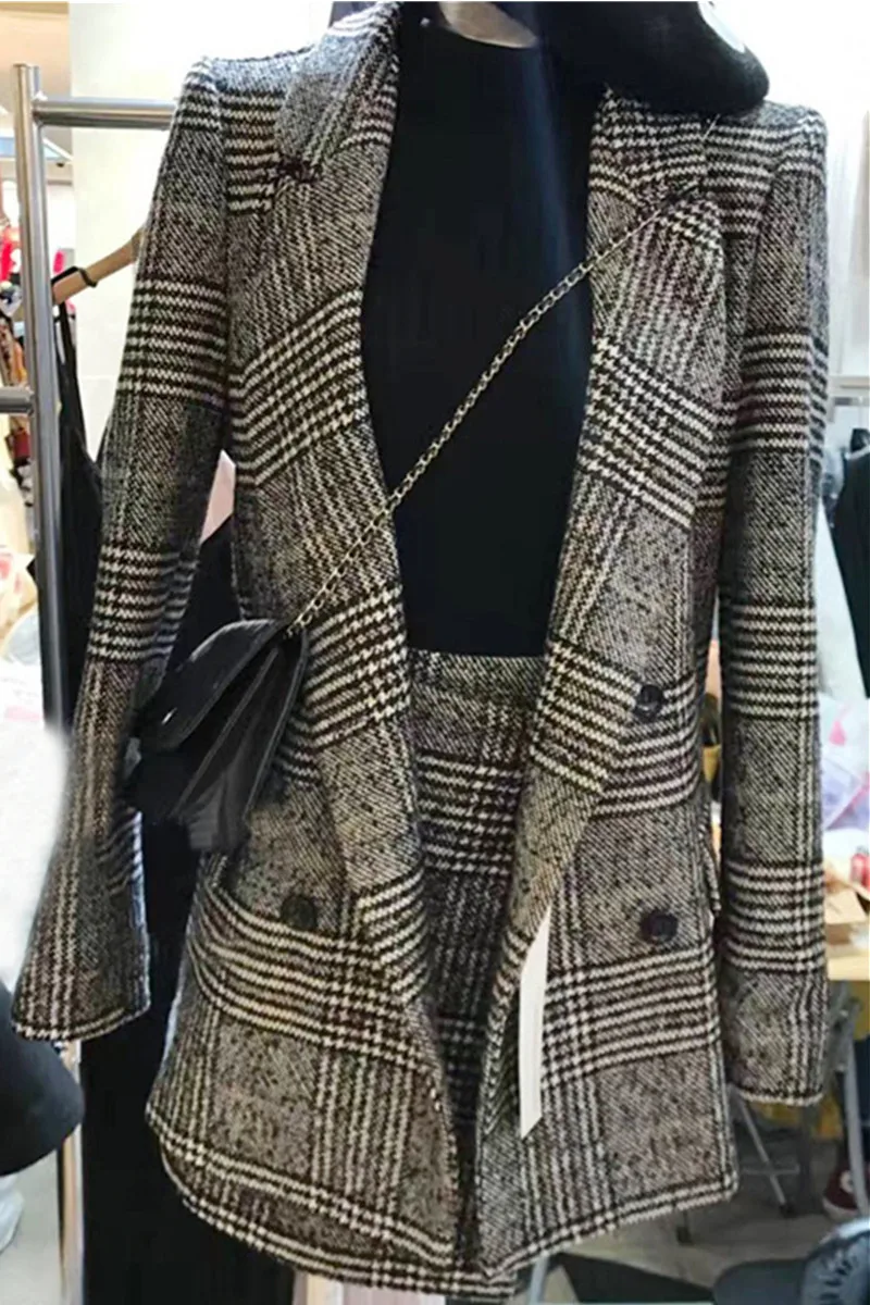 Ceny CBAFU jesień wiosna bluza z długim rękawem płaszcz kobiety znosić plaid tweed spódnice garnitur kobiety 2 sztuk zestawy kobiet garnitury N630