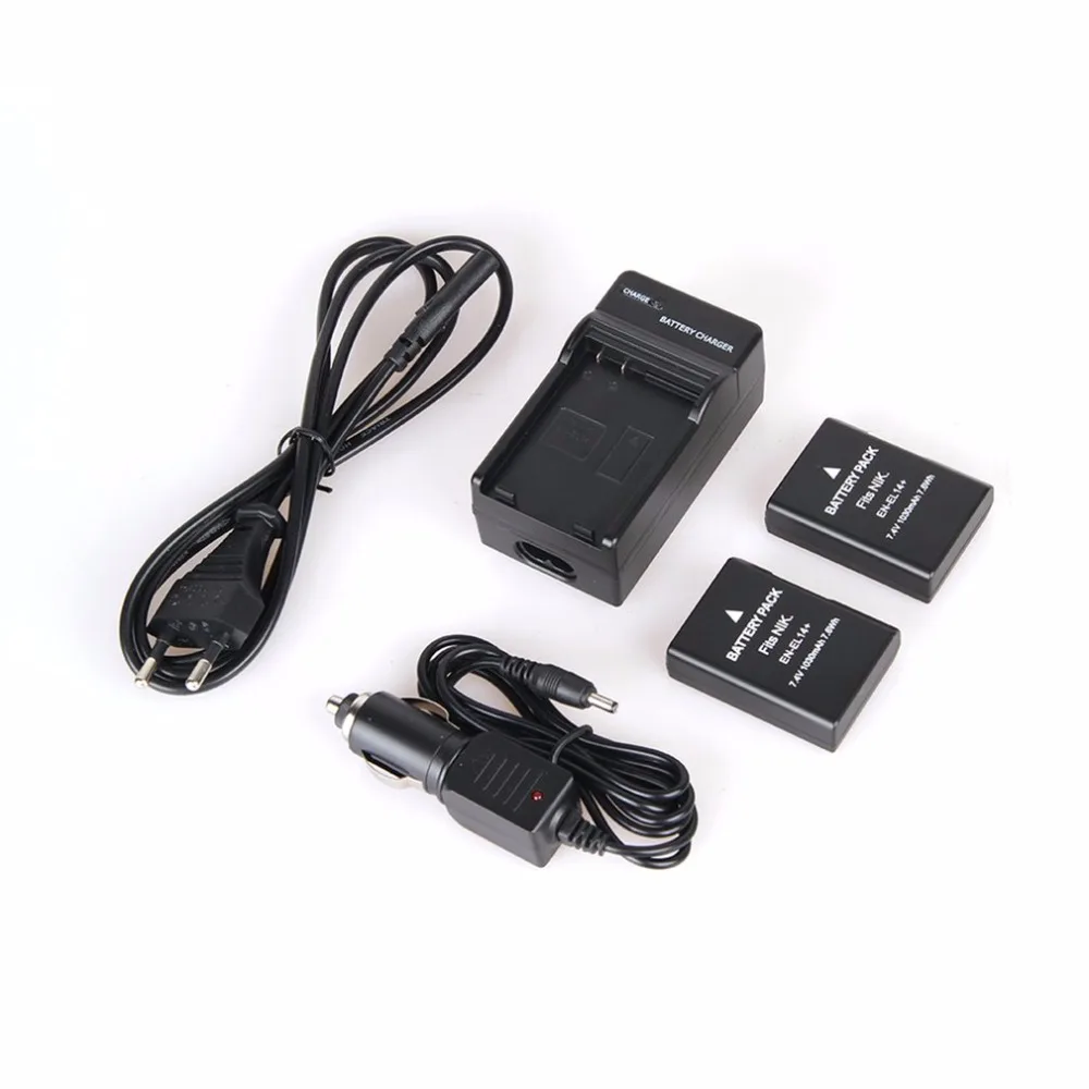 2PCS EN EL14 1030mAh Camera Battery and Charger +Car Cablefor Nikon