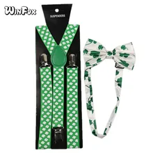 Winfox Мода зеленый белый клевер человека подтяжки для женщин галстук бабочка комплект для мужчин 2,5 см Широкий подтяжки