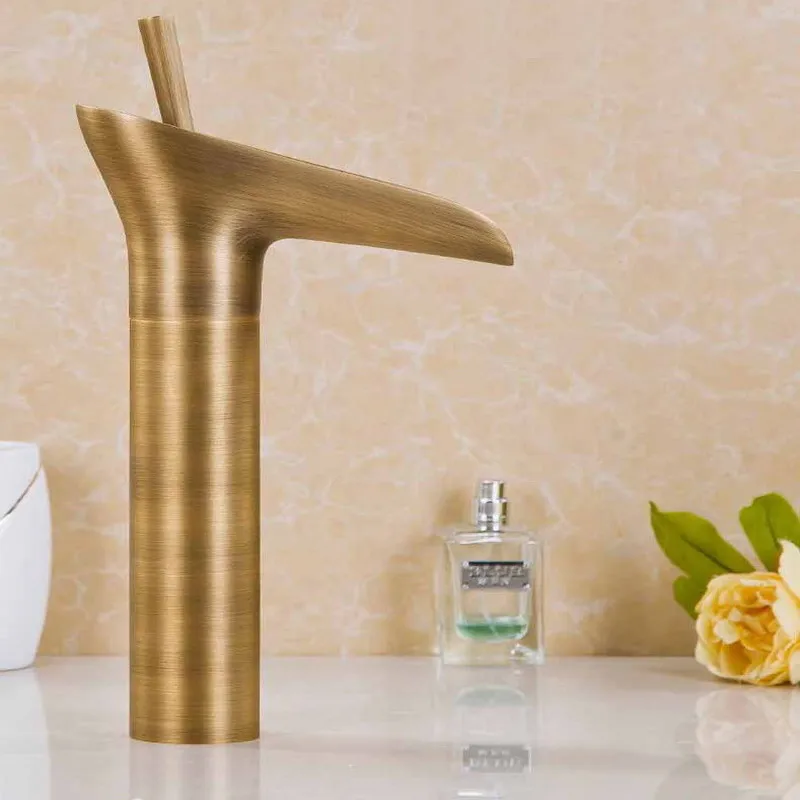 

Antique Brass Bathroom Basin Faucet Waterfall Spout Vanity Sink Mixer Tap Single Handle One Hole Deck Mounted KD1270