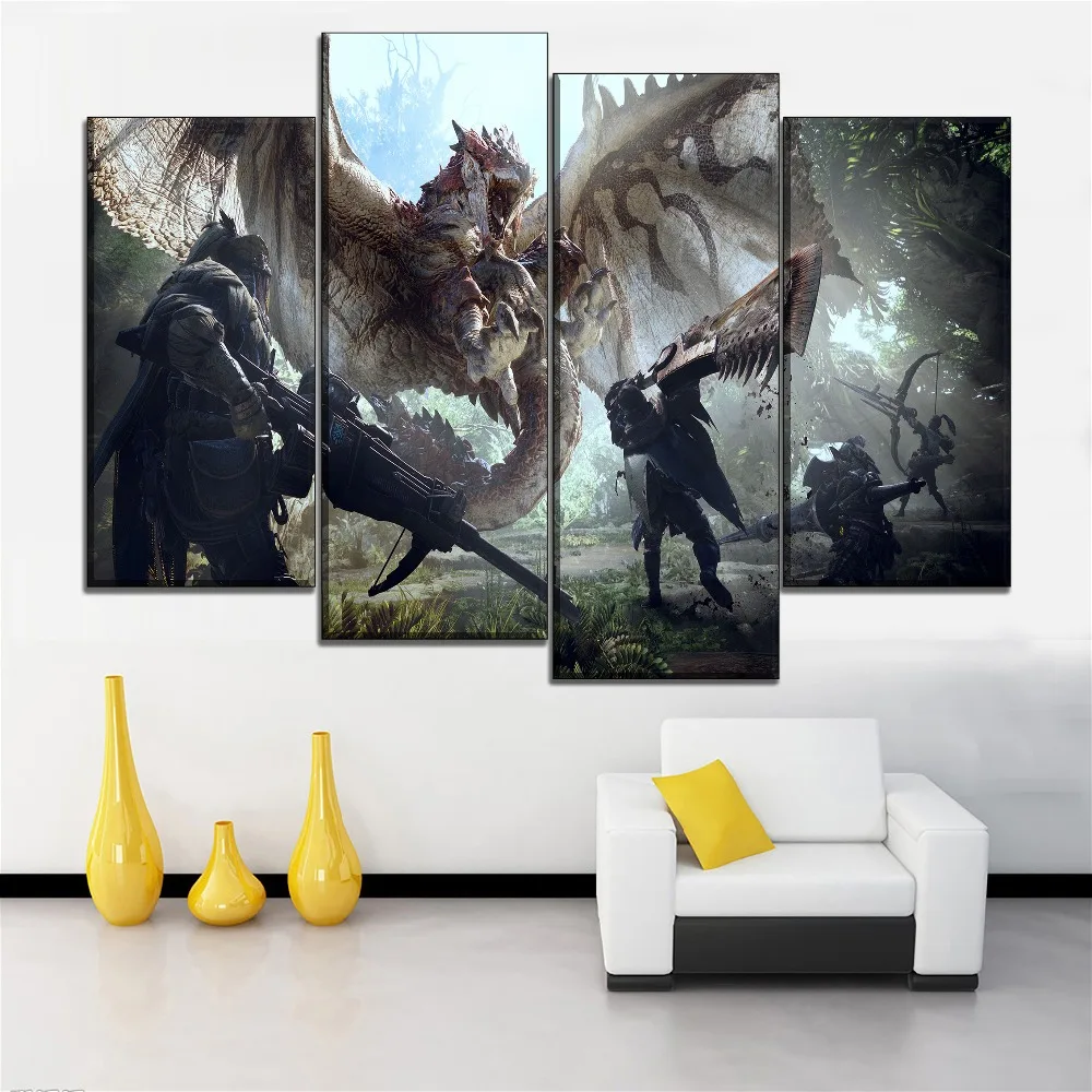 

One Set Framework Or Frameless Painting Modern HD Print Type 4 Piece Monster Hunter World Game Canvas Poster Home Decor Wall Art