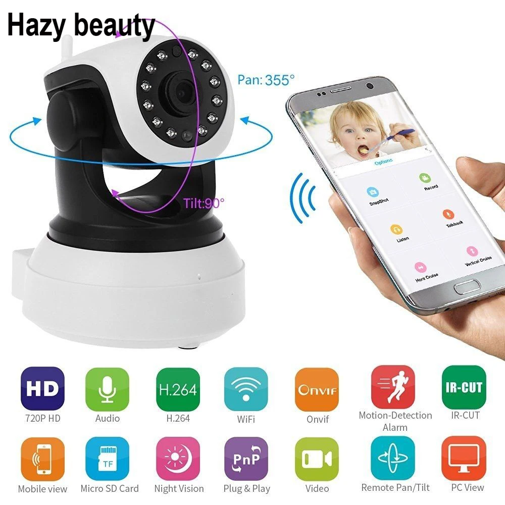 JCWHCAM HD Wireless IP Camera 720P Night Vision Home Security Camera P2P Onvif Camera WIFI Indoor