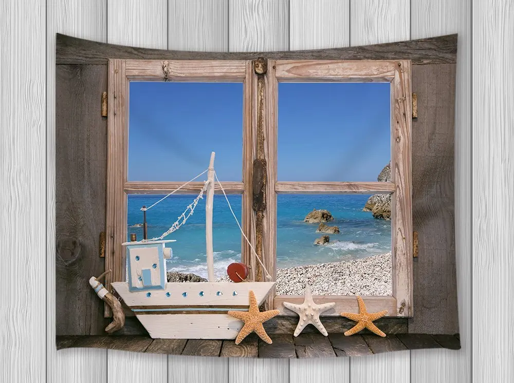 Seaside Decor Tapestry Sea Rock Wave View From the Wood Window With Nautical Decoration Wall Art Hanging for Bedroom Living Room | Дом и сад