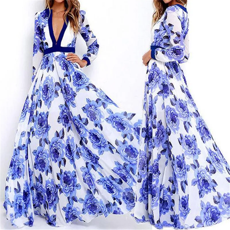Women's Boho Floral Chiffon Summer Party Evening Beach Long Maxi Dress Sundress Vestito Lungo New Fashion Sukienka