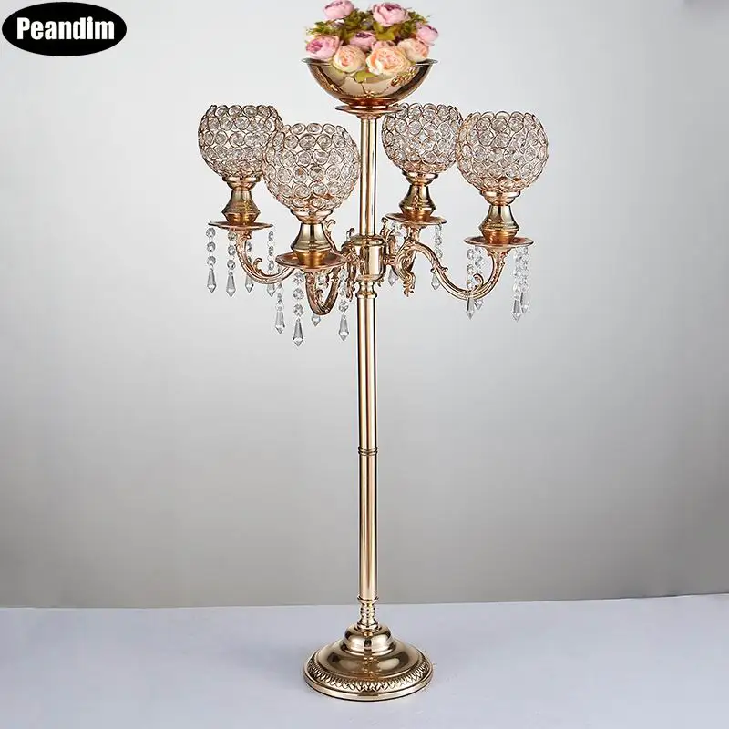 

PEANDIM Metal 89cm Tall 5-Arms Crystal Candelabra Candle Stand Pillar Candlestick Wedding Candelabrum Flower Holder 10pcs/lot