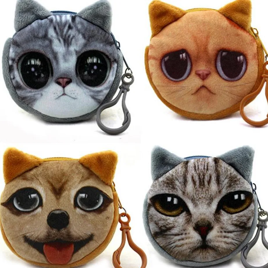 

M008 2017 New Mini 3D Cat Plush Coin Purse Animals Prints Zipper Wallets Harajuku Children Bag Women Cute Bag