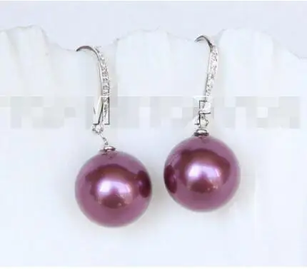 

Free Shipping >> New hot Dangle 14mm round wine red south sea shell pearl Earrings 925 silver hook E4113