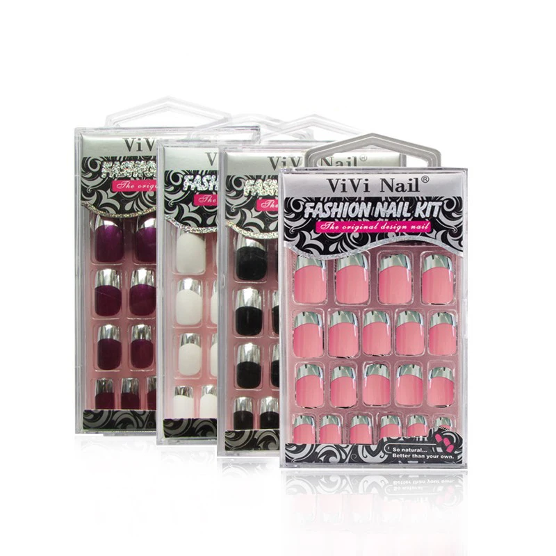 4 pack\lot Metallic French False Nails Fashion Glitter Adhesive False