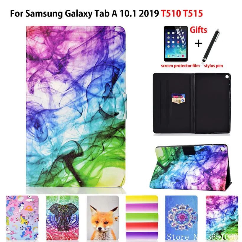 

Case For Samsung Galaxy Tab A 10.1 2019 T510 T515 SM-T515 Cover Funda Painted Silicone PU Leather Stand Shell Coque +Film+Pen