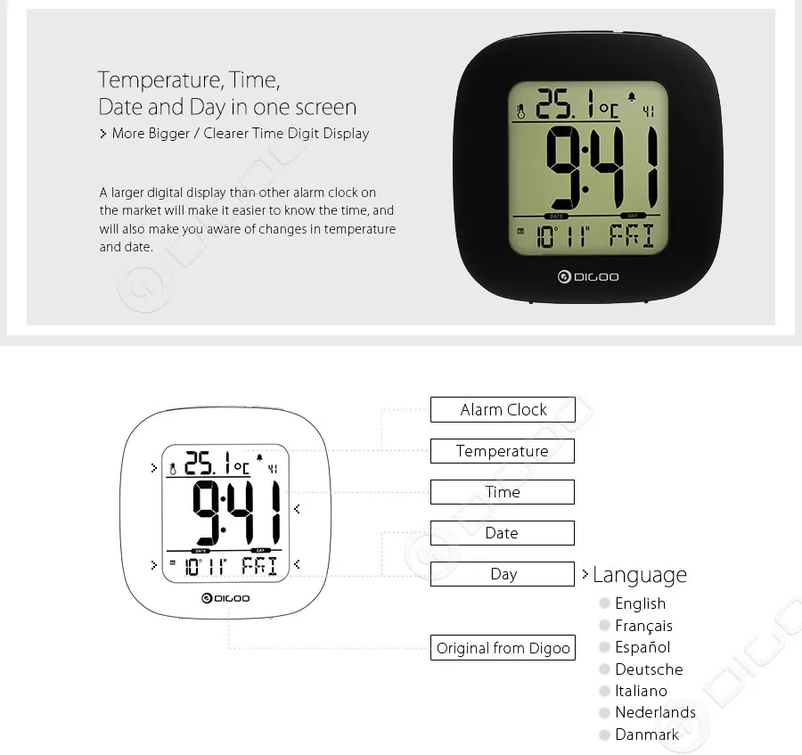 Digoo DG-C1, многофункциональный электронный цифровой будильник, термометр температуры, метеостанция, сеньор, часы с подсветкой, ЖК-дисплей