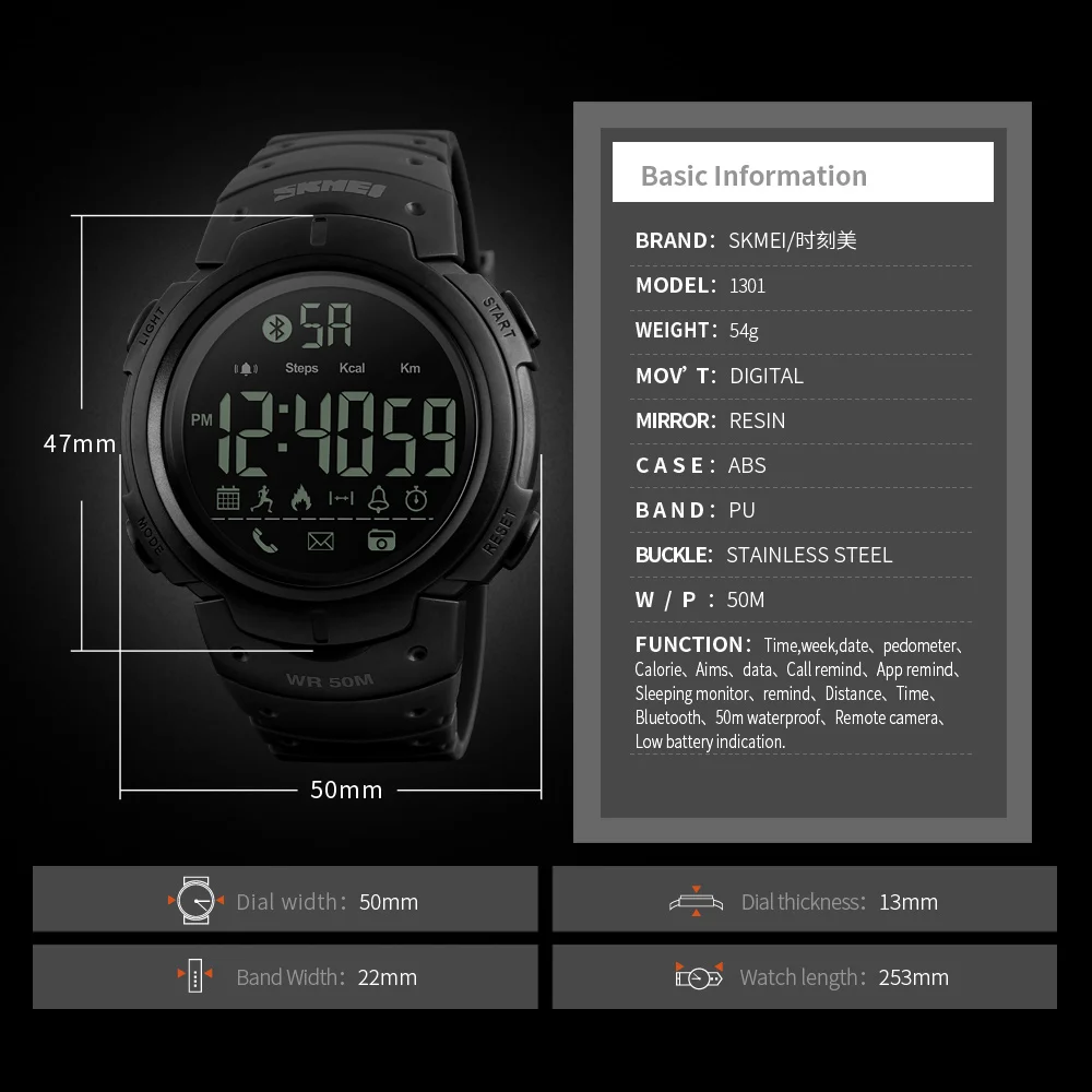 SKMEI мужские умные спортивные часы, шагомер, калории, цифровые часы с напоминанием, фитнес-часы с Bluetooth для IOS, Android, наручные часы 1301