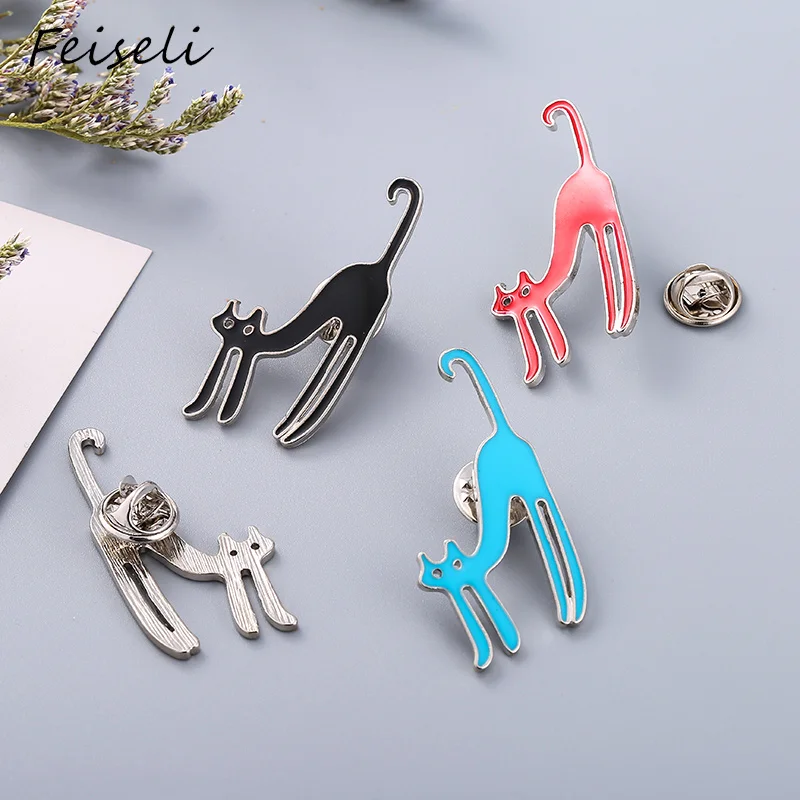 

Feiseli Colorful Enamel Lovely Animals Slim Cat Stretching Kitty Badge Corsage For Women Brooch Pins Fashion Jewelry Gift