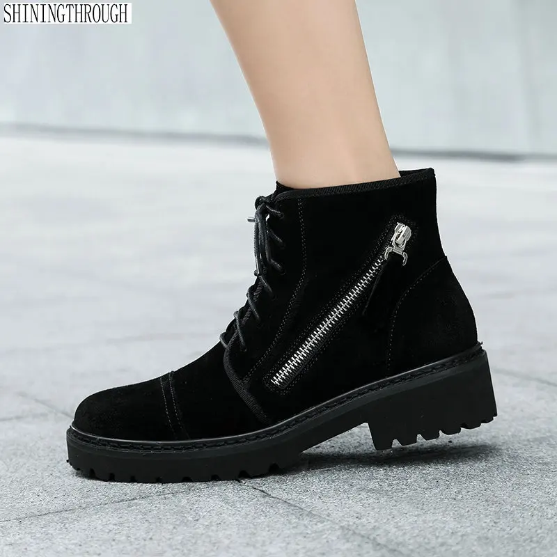 Motorcycle Boots Women 2019 Autumn Ankle Boots Genuine Leather women Boots Fashion Lace Up Round Toe Shoes for Women