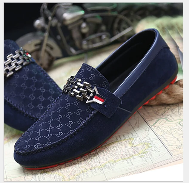 Spring Autumn Men Black Loafer Shoes Trendy Nubuck Leather Slip-on Loafers Vintage Style Men Driving Casual Blue Flat Shoes K02