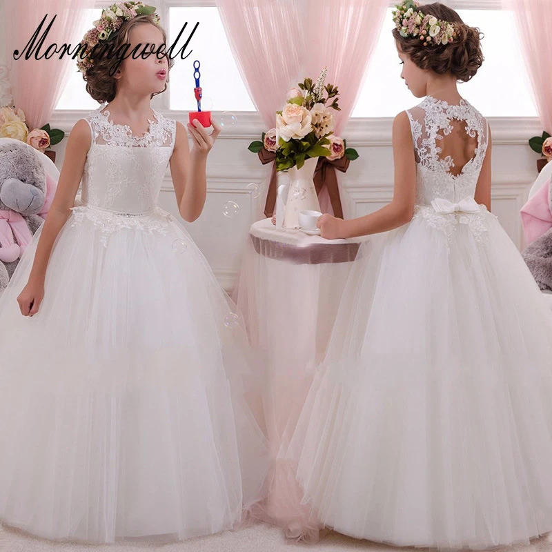 

Morningwell New Girls Dress Children Clothing Princess Wedding Lace Long Dress Kids Dresses For Flowers Girls Costume Summer