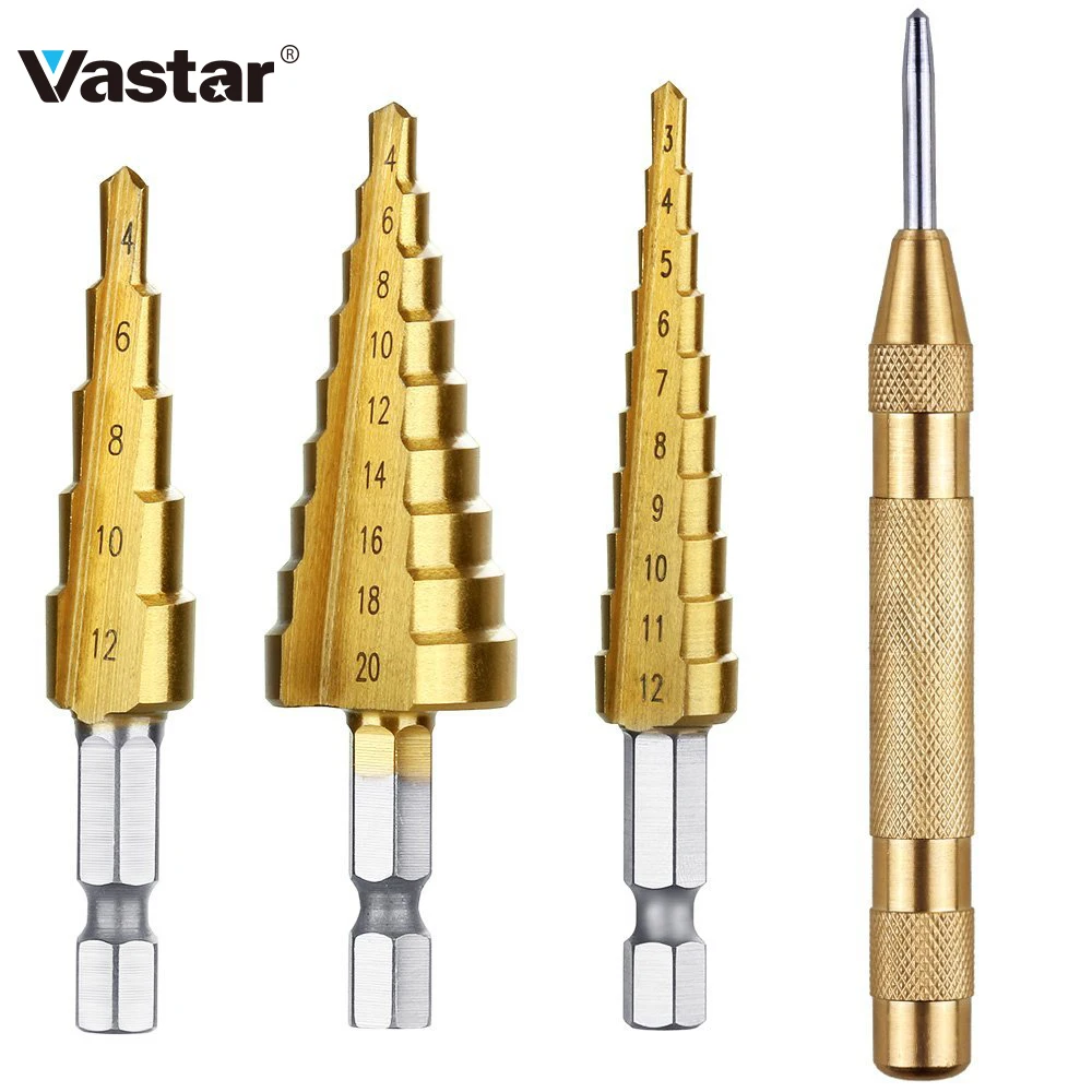 Vastar 4 Pcs HSS Steel Titanium Step Drill Bits 3-12mm 4-12mm 4-20mm Step Cone Woodworking Metal Drilling Set