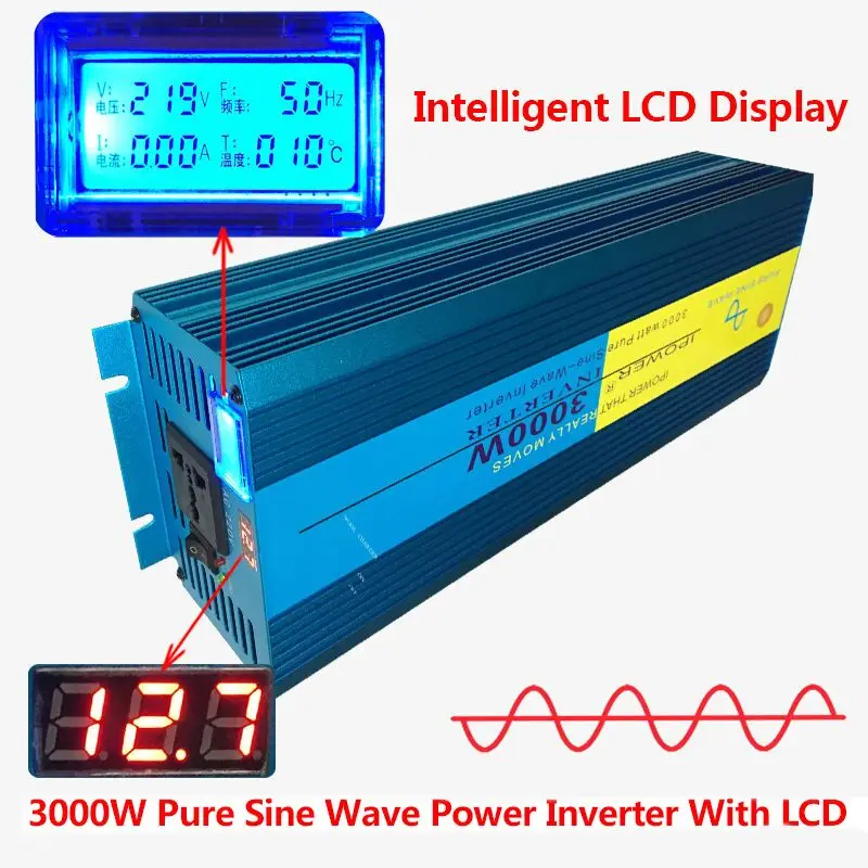 Цифровой дисплей Чистая синусоида Инвертор 3000 Вт/6000 Вт Макс DC 12 В в AC 220 В 60 Гц Кемпинг лодка SINEWAVE