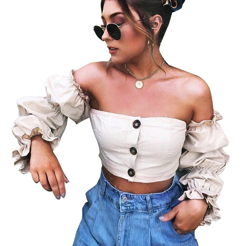 CWLSP Long Puff Sleeve Slash Neck Women's Blouse with Buttons Sexy Solid Cropped Skinny blusas femininas de verao 2018 QL4076