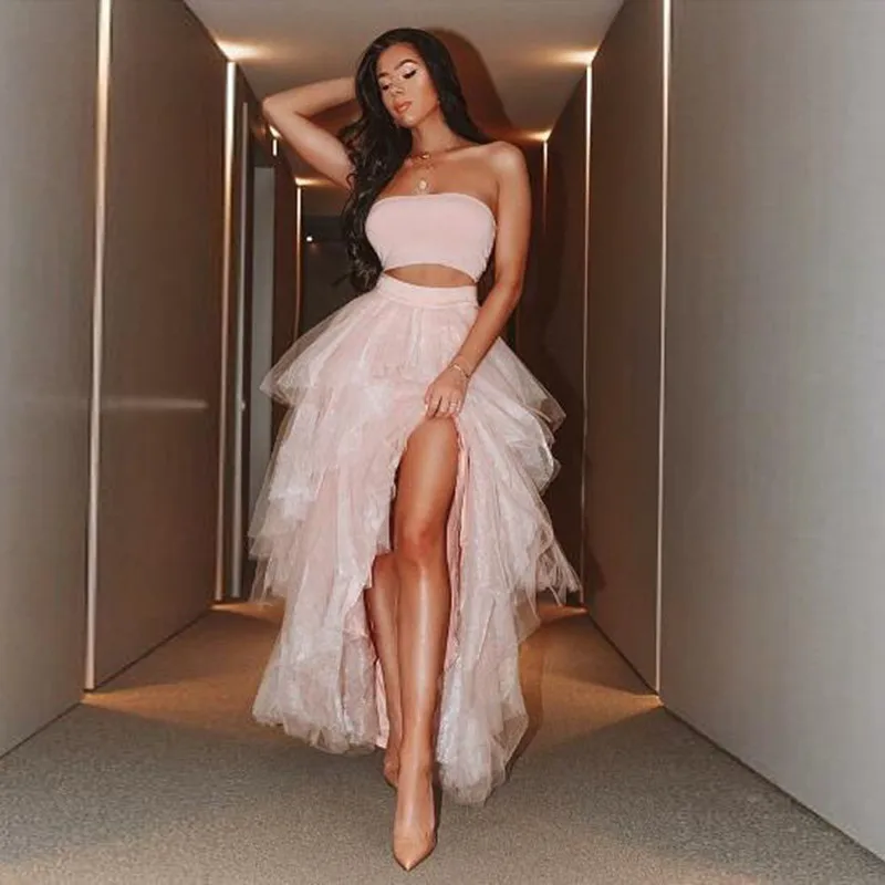 

Hi Low Tiered Tulle Skirts High Waist Chic Ruffle Formal Prom Skirt Zipper Style Women Party Skirt Saia Custom Any Color Free