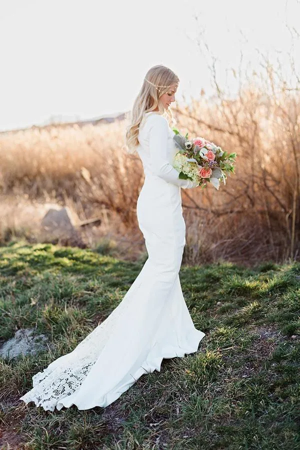 Long Sleeve Vintage Chapel Train Mermaid Lace Boho Wedding Dress 2 3