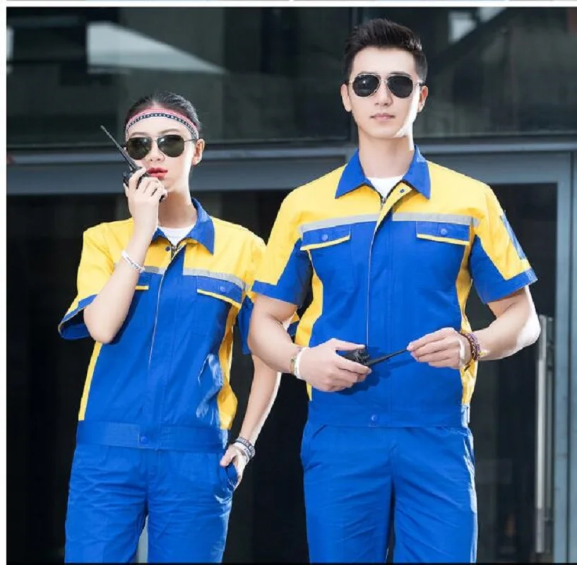 Summer short Sleeve Factory uniform Sets Contrast Color match Protective cloths Labour Wear Auto Repair man work Cloth Top Pants