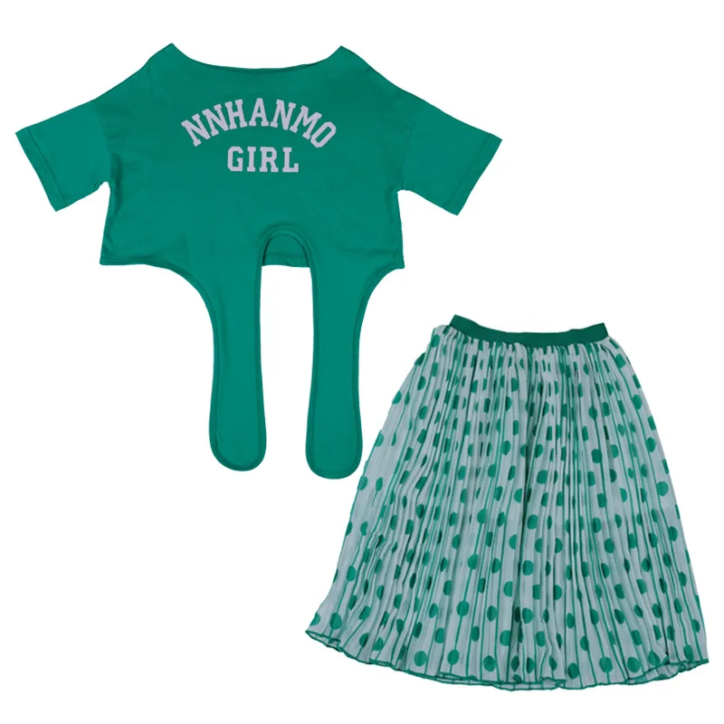 

Girls Skirt Set Girl Tops Letter Shortsleeve T-shirt Dot Pleated Skirt 2Pcs Outfit Clothes Teenage Girls Clothing 8 10 12 Years