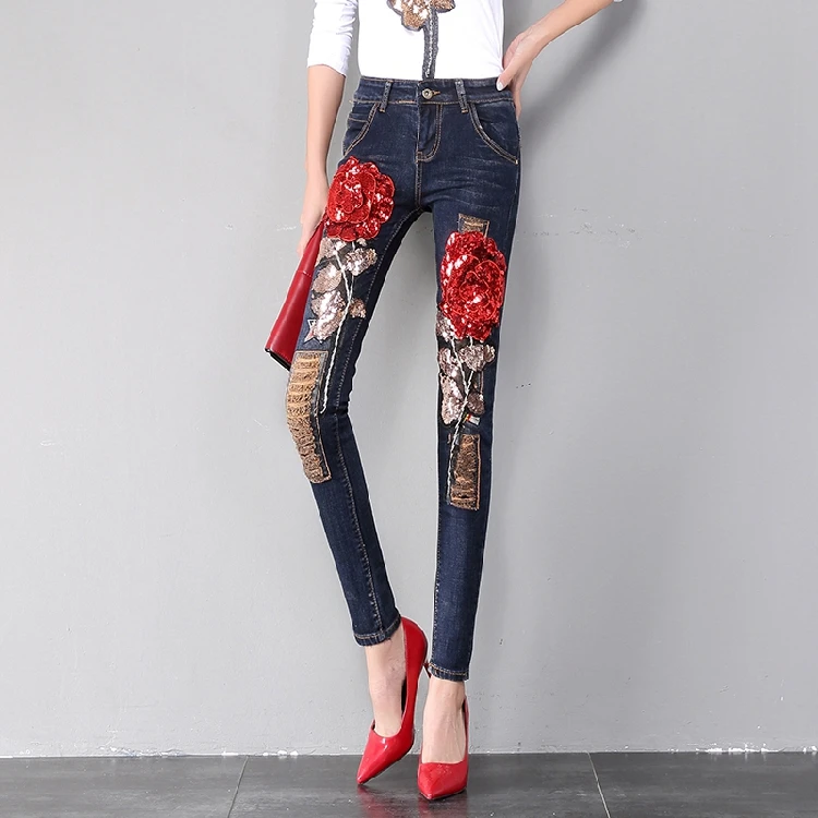 

2018 New Rose Sequins Embroidery Jeans High Waist Beads Ripped Jeans Fashion Women Skinny Jeans Autumn Winter Denim Pencil Pants