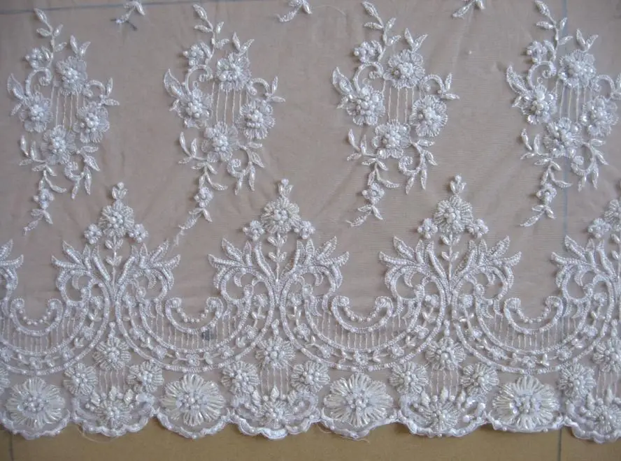 Sequin Lace Embroidered Fabric Rhinestones Voile Lace Fabric With Pearl